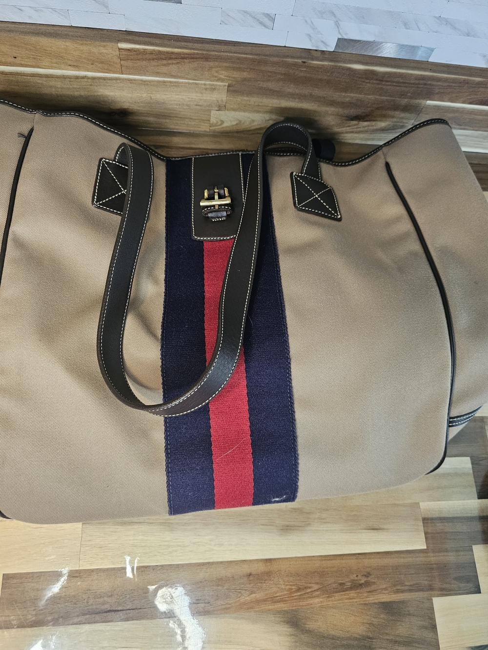 Dooney & Bourke Tan Canvas Tote with Navy and Red Center Stripe